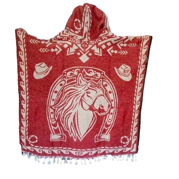 Authentic Mexican Gaban with Hoodie | Jorongo | Pancho | Horse Design | Orange - Picture 2 of 2